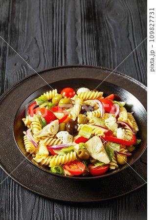 fusilli salad with mozzarella, veggies in a bowl fusilli salad with mozzarella, veggies in a bowl 109827731