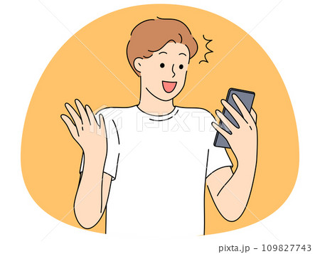Excited man look at cell stunned by good news Excited man look at cell stunned by good news 109827743