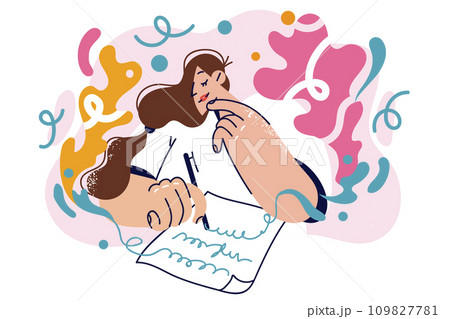Woman poet writes literary work, feels inspired, sits at table with sheet of paper 109827781