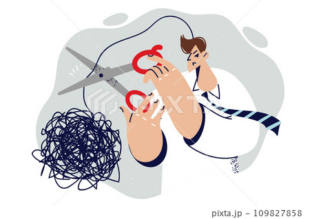 Man with psychological problems cuts off tangled cord thought symbolizing stress due to toxic work Man with psychological problems cuts off tangled cord thought symbolizing stress due to toxic work 109827858