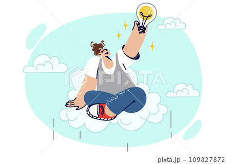 Happy man invented new idea sits on cloud and grabs light bulb and dreams of implementing plans Happy man invented new idea sits on cloud and grabs light bulb and dreams of implementing plans 109827872