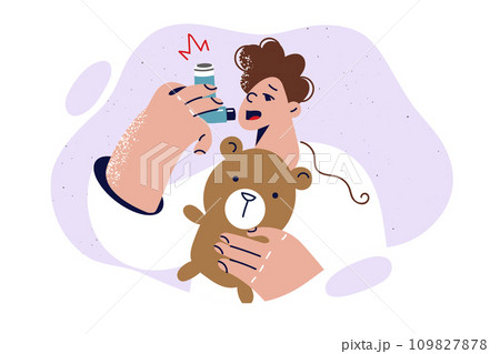 Little boy uses inhaler to fight asthma attack or inflammation of pneumonia and holds teddy bear Little boy uses inhaler to fight asthma attack or inflammation of pneumonia and holds teddy bear 109827878