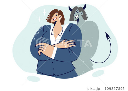 Business woman casting devil shadow standing with crossed arms, for concept of evil intent Business woman casting devil shadow standing with crossed arms, for concept of evil intent 109827895