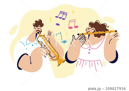 Musical group of man playing trumpet and woman using clarinet performs together on stage Musical group of man playing trumpet and woman using clarinet performs together on stage 109827916