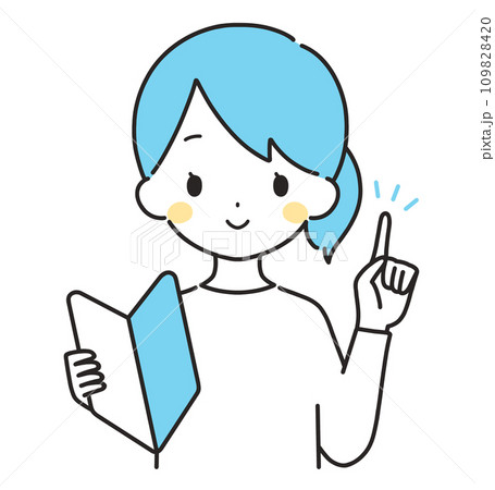 水色｜初心者マークを持つ私服の女性｜指差し 109828420