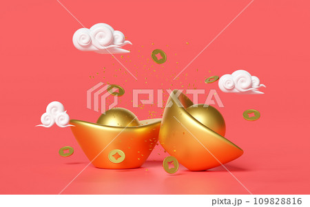Chinese gold ingot with cloud, coin. chinese new year. 3d render illustration 109828816