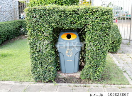 Gray plastic bin for glass bottle hide in shrub in garden. Gray plastic bin for glass bottle hide in shrub in garden. 109828867