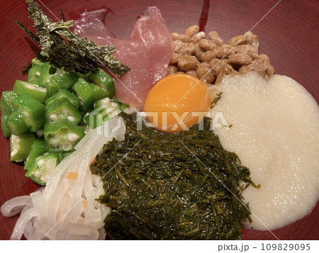 ねばとろ食材がトッピングされた丼ぶり料理 ねばとろ食材がトッピングされた丼ぶり料理 109829095