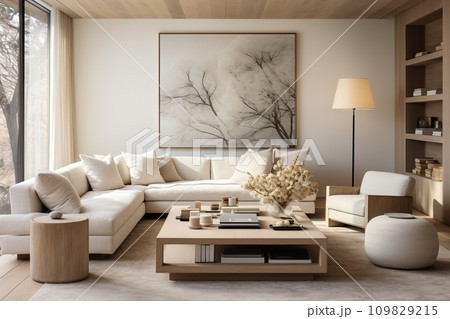 Living room adorned in the Scandinavian style. Plush, cozy furniture with clean lines, creating a welcoming and comfortable space for relaxation 109829215