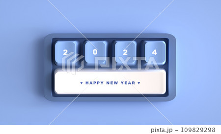 3D Rendering. Happy new year on the cute keyboard with blue smooth tone. 109829298