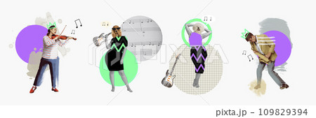 Banner. Contemporary art collage. Talented people, man and woman with dog faces playing on musical instruments violin, guitar and sax. Banner. Contemporary art collage. Talented people, man and woman with dog faces playing on musical instruments violin, guitar and sax. 109829394