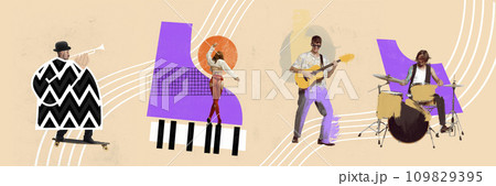 Banner. Contemporary art collage. Talented people, man and woman playing on musical instruments piano, drums, guitar and trumpet. Banner. Contemporary art collage. Talented people, man and woman playing on musical instruments piano, drums, guitar and trumpet. 109829395