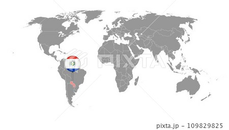 Pin map with Paraguay flag on world map. Vector illustration. Pin map with Paraguay flag on world map. Vector illustration. 109829825