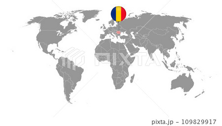 Pin map with Romania flag on world map. Vector illustration. 109829917