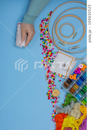 Hand embroidery concept. White blank mockup. Hand embroidery concept. White blank mockup. 109830525