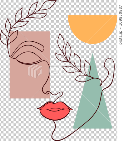 Female face in minimal art line style with geometric shapes.. Creative illustration in line art style. Female face in minimal art line style with geometric shapes.. Creative illustration in line art style. 109830887