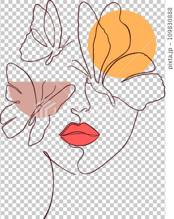 Female face in minimal art line style with geometric shapes. Creative illustration in line art style. 109830888