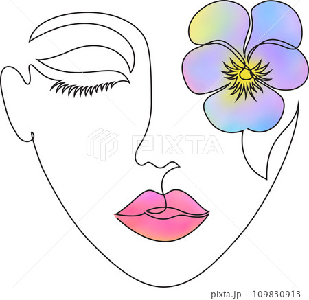 Female face in line art style with violet flower. Digital watercolor. Female face in line art style with violet flower. Digital watercolor. 109830913