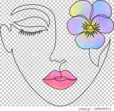 Female face in line art style with violet flower. Digital watercolor. Female face in line art style with violet flower. Digital watercolor. 109830913