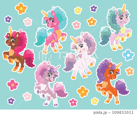 Collection of cute cartoon unicorns on a turquoise background vector 109831011