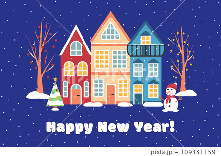 Vector illustration. Happy New Year card template. Scandinavian houses are colorful Vector illustration. Happy New Year card template. Scandinavian houses are colorful 109831159