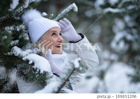 Nice old woman in a fur coat in the winter 109831206