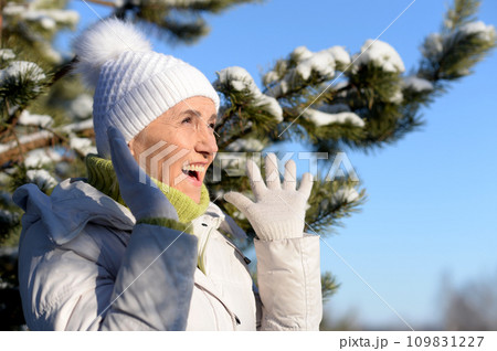 Nice old woman in a fur coat in the winter 109831227
