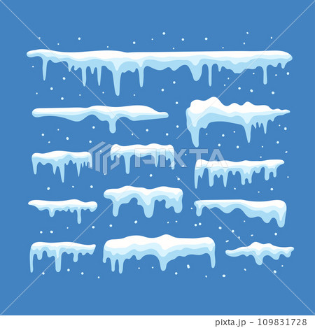 White snow caps, snowball, snowdrifts, snow pile and icicles vector collection 109831728