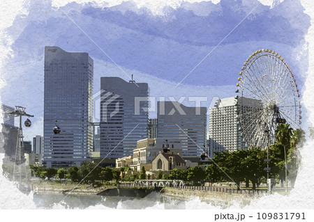 水彩画風　横浜みなとみらい　クイーンズタワーと観覧車　神奈川県横浜市 109831791