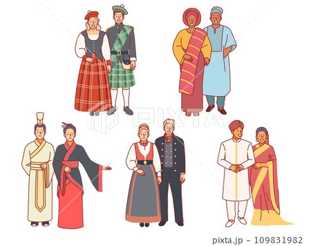 People in national costumes. Multicultural couples, traditional folk wears, various ethnic groups, asians, africans and europeans. Scots, Indians and Japanese. Cartoon flat vector set 109831982