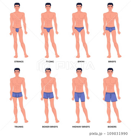 Men underwear on body set. Different types male underpants, popular models presentation, front view, everyday clothes elements, strings, thong and bikini. Briefs and boxers. Vector concept 109831990