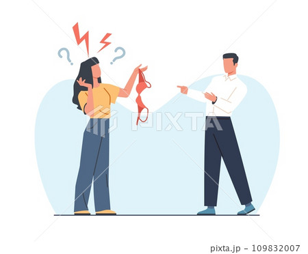 Indignant woman holds bra in her hand and says something to man. Wife found another girl underwear. Adultery people. Treason and partner deception, cartoon flat isolated vector concept Indignant woman holds bra in her hand and says something to man. Wife found another girl underwear. Adultery people. Treason and partner deception, cartoon flat isolated vector concept 109832007