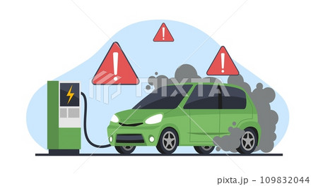 Electric vehicle breakdown and fire during charging. Vehicle recovery. Automobile with smoke from tires wheels, e-car break, smoke from engine. Modern technology. Cartoon flat vector concept Electric vehicle breakdown and fire during charging. Vehicle recovery. Automobile with smoke from tires wheels, e-car break, smoke from engine. Modern technology. Cartoon flat vector concept 109832044