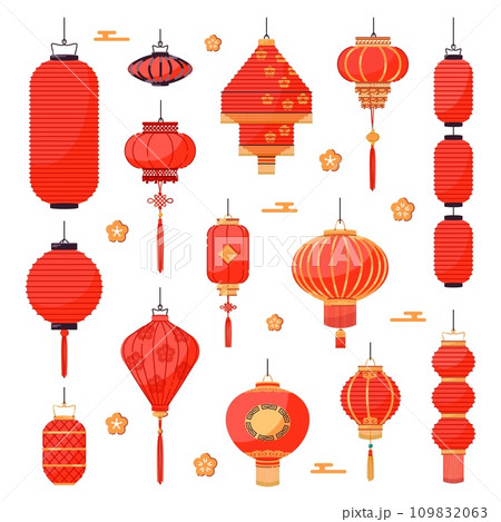 Decorative chinese red lanterns. Tradition asian festival lights, holiday paper lamps, festive street suspended lightening, golden floral ornament, cartoon flat isolated vector set Decorative chinese red lanterns. Tradition asian festival lights, holiday paper lamps, festive street suspended lightening, golden floral ornament, cartoon flat isolated vector set 109832063