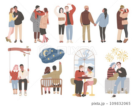 Couples in romantic relationship. Valentines day, happy people in love, young women and men hugging, kissing and walking, different seasons clothes cartoon flat isolated tidy vector set Couples in romantic relationship. Valentines day, happy people in love, young women and men hugging, kissing and walking, different seasons clothes cartoon flat isolated tidy vector set 109832065