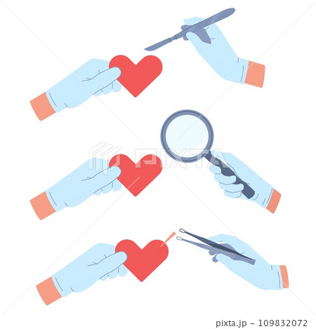 Concept of treating heart pain, gloved hands with scalpel, magnifying glass and tweezers. Heartbroken in romantic relationships symbol. Medical tools. Vector cartoon flat style illustration Concept of treating heart pain, gloved hands with scalpel, magnifying glass and tweezers. Heartbroken in romantic relationships symbol. Medical tools. Vector cartoon flat style illustration 109832072