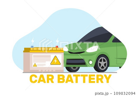 Car battery. Electric automobile. Accumulator energy power and electricity accumulator. Eco friendly vehicle. Modern technology and environment care. Cartoon flat isolated vector concept Car battery. Electric automobile. Accumulator energy power and electricity accumulator. Eco friendly vehicle. Modern technology and environment care. Cartoon flat isolated vector concept 109832094