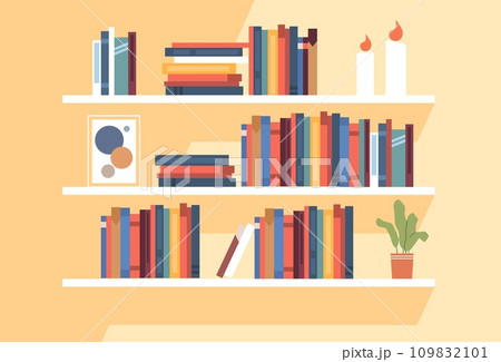 Bookshelves with books standing on them. Home library or bookstore with candies and plants in pots on shelves. Dictionary and textbook. Cartoon flat isolated vector literature concept Bookshelves with books standing on them. Home library or bookstore with candies and plants in pots on shelves. Dictionary and textbook. Cartoon flat isolated vector literature concept 109832101