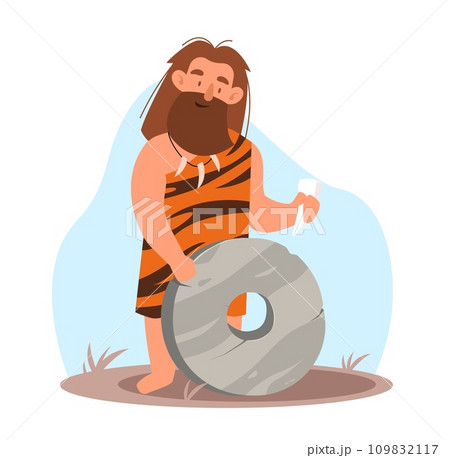 Ancient man with beard makes wheel out of stone. Stone age people, tiger skin clothes. Prehistoric time character. Homo sapiens primitive inventions. Cartoon flat isolated vector concept Ancient man with beard makes wheel out of stone. Stone age people, tiger skin clothes. Prehistoric time character. Homo sapiens primitive inventions. Cartoon flat isolated vector concept 109832117