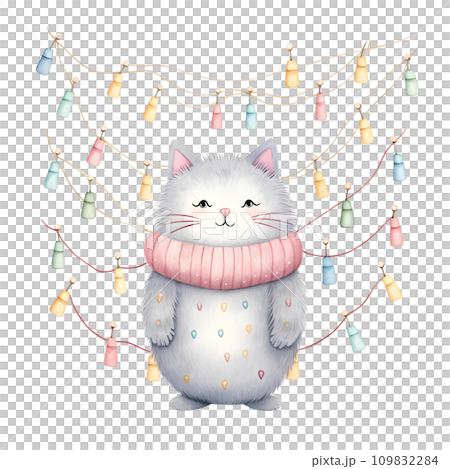 Watercolor cat with scarf in winter for Christmas festival 109832284