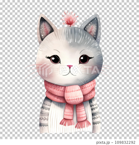 Watercolor cat with scarf in winter for Christmas festival 109832292