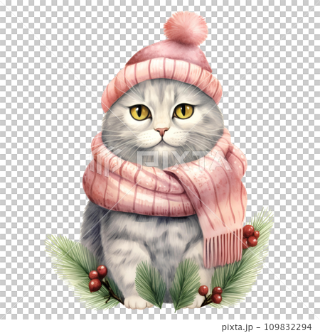Watercolor cat with scarf in winter for Christmas festival 109832294