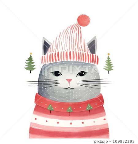 Watercolor cat with scarf in winter for Christmas festival 109832295