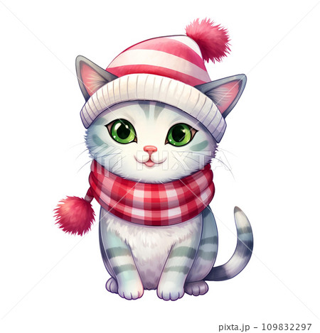 Watercolor cat with scarf in winter for Christmas festival 109832297