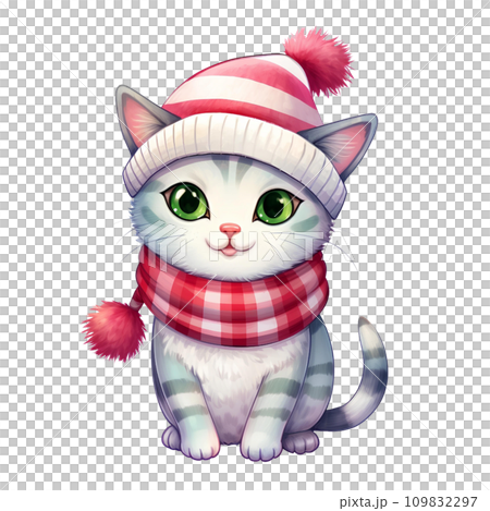 Watercolor cat with scarf in winter for Christmas festival 109832297