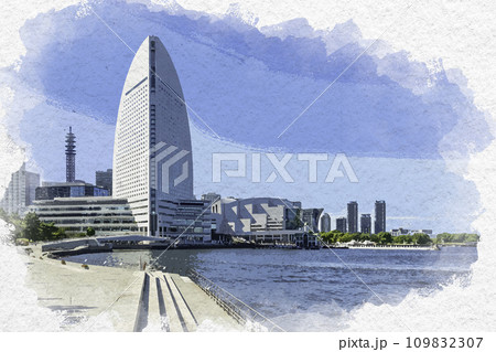 水彩画「横浜ミナトミライ」 横浜・みなとみらいが見える風景 | Yukari.Tanemura