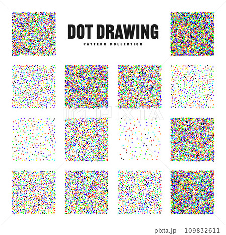 Square shaped dotted objects, vintage stipple elements. Stippling, dotwork drawing, shading using dots. Halftone effect. Colored noise grainy texture, pattern. Vector illustration. 109832611