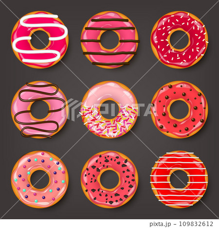 Donut, begel with cream. Cookies,cookie cake set. Sweet dessert with sugar and caramel. Tasty breakfast cooking. Cafateria food, snack. Coffee shop.Vector illustration. 109832612