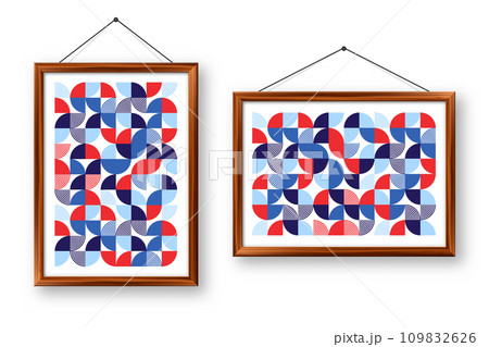 Picture frame with geometric trendy pattern, Bauhaus style. Modern background, simple elements. Retro texture, basic geometric shapes. Print design, minimalist poster cover. Vector illustration 109832626
