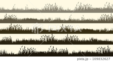 Meadow silhouettes with grass, plants on plain. Panoramic summer lawn landscape with herbs, various weeds. Herbal border, frame element. Brown horizontal banners. Vector illustration 109832627